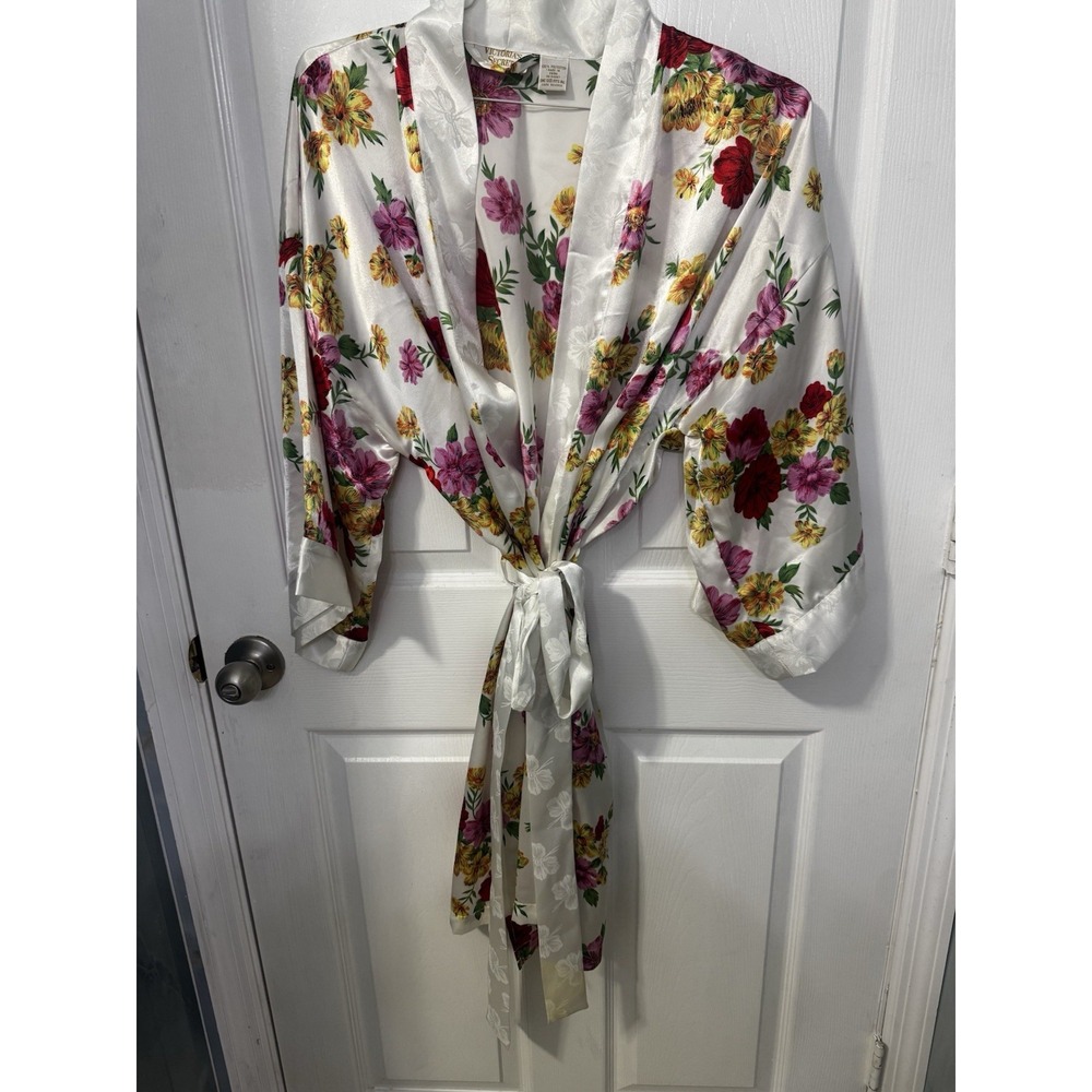 Vintage Victoria's Secret Gold Label Ivory Floral Satin Robe Belted Womens OS